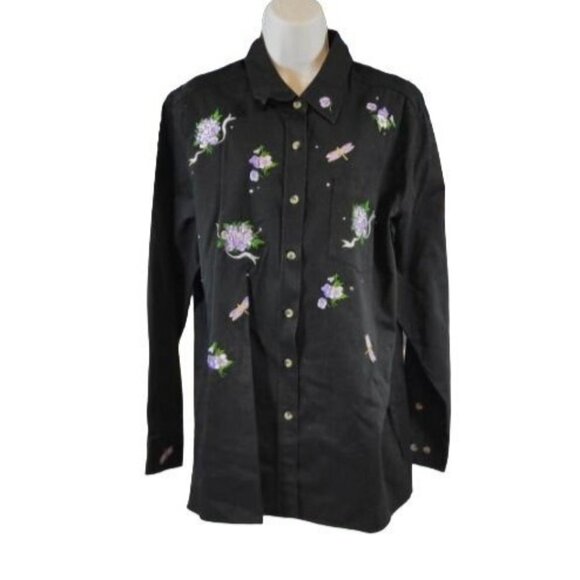The Quacker Factory Black Floral Dragonfly Shirt Top Size L Large - Picture 1 of 3